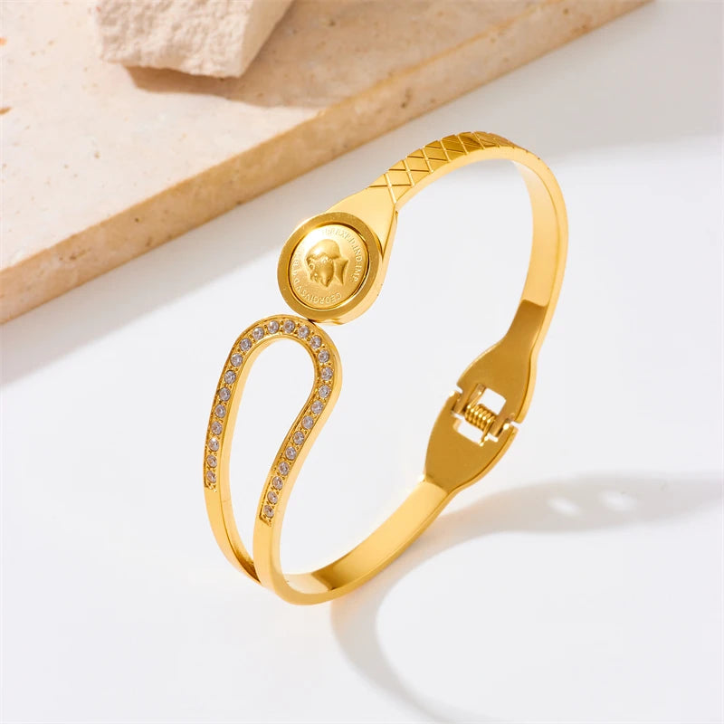 316L Stainless Steel Portrait Coin Bangle Bracelets for Women