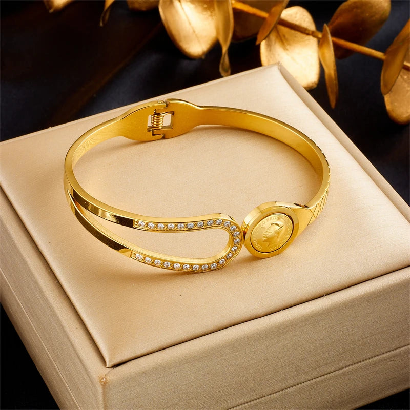 316L Stainless Steel Portrait Coin Bangle Bracelets for Women