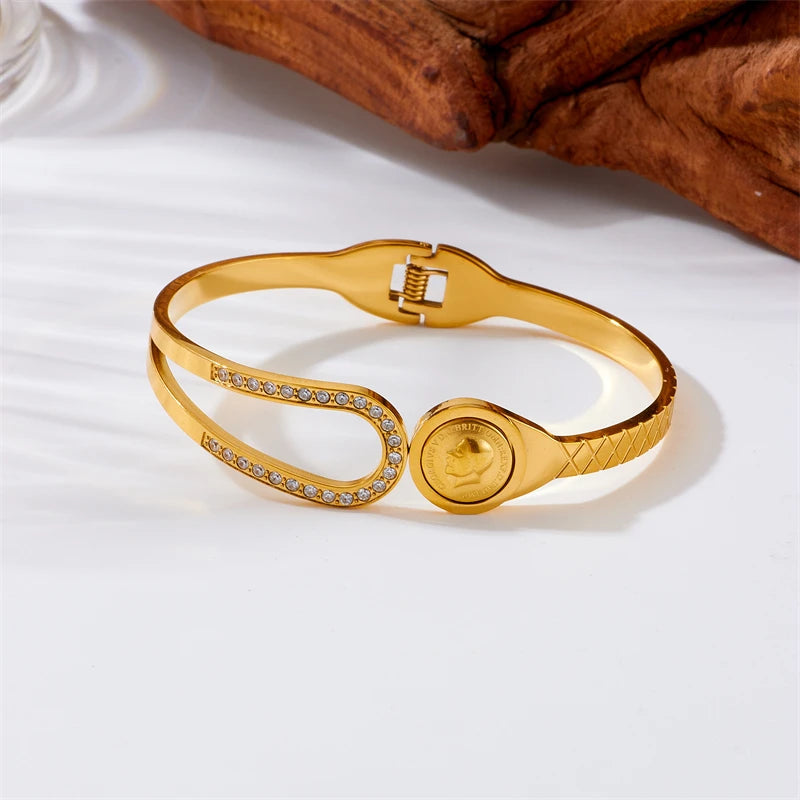 316L Stainless Steel Portrait Coin Bangle Bracelets for Women