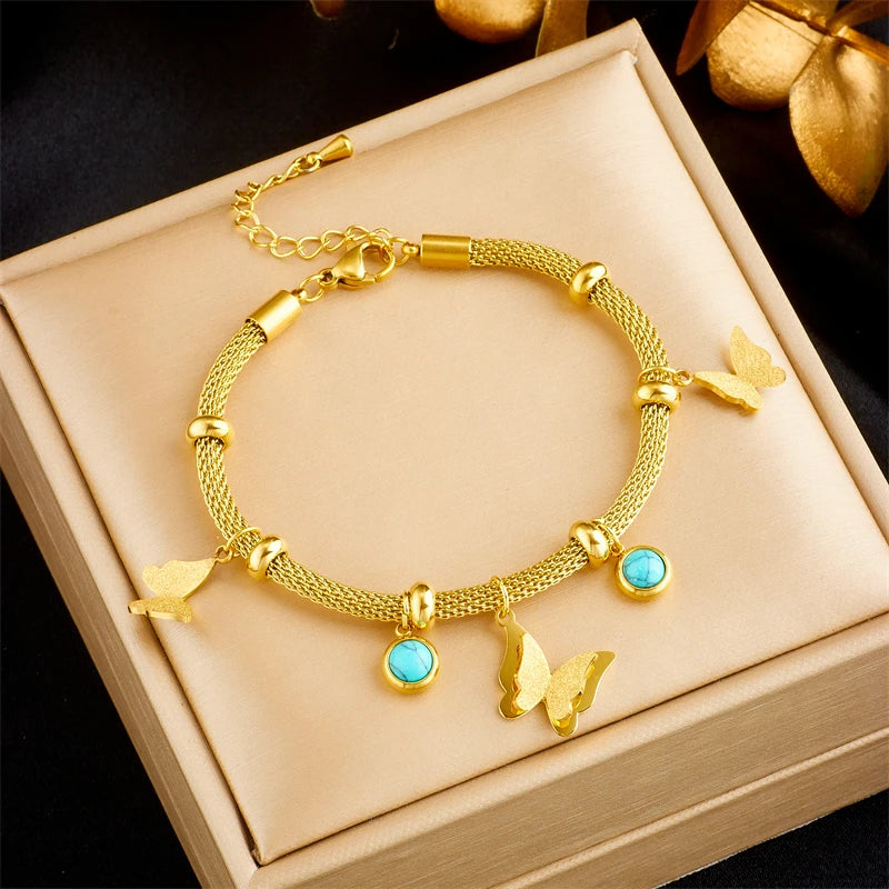 316L Stainless Steel Butterfly Charm Bracelet For Women Girl Jewelry