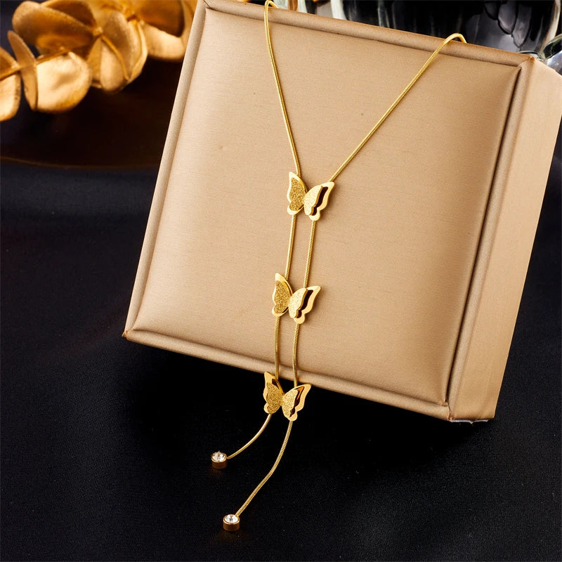 316L Stainless Steel Butterfly Tassel Pendant Necklace For Women