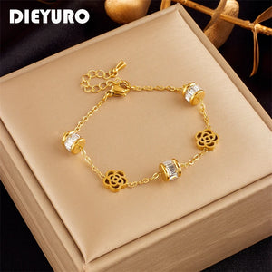 316L Stainless Steel Flower Zircon Charm Bracelet For Women Ladies