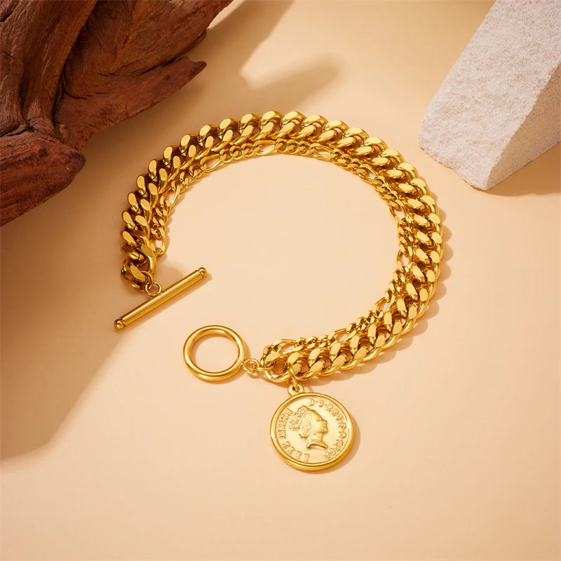 316L Stainless Steel Portrait Coin Charm Bracelet For Women