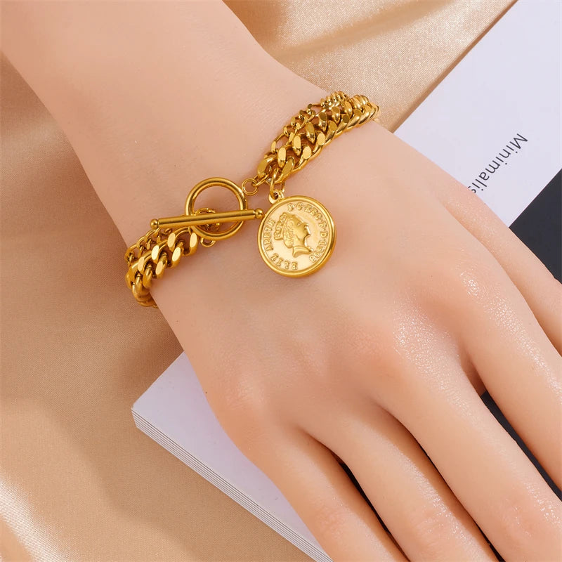 316L Stainless Steel Portrait Coin Charm Bracelet For Women