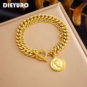 316L Stainless Steel Portrait Coin Charm Bracelet For Women
