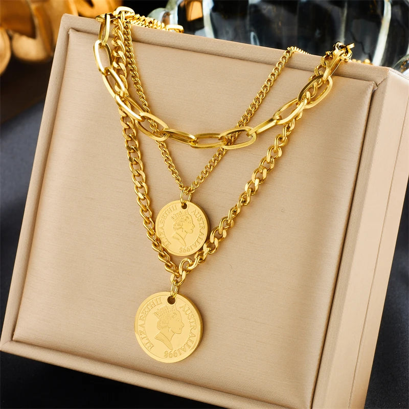 316L Stainless Steel Round Coin Portrait Pendant Necklace For Women