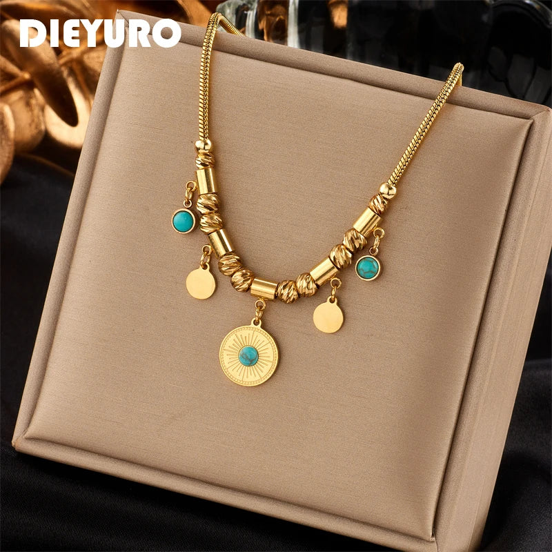 316L Stainless Steel Green Stone Pendant Necklace For Women