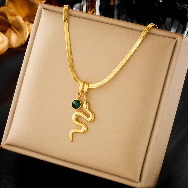 Snake Pendant Necklace Green Crystal 316L Stainless Steel Clavicle Chain