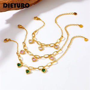 Heart Green Pink Zircon Charm Bracelet Women Lady Gift