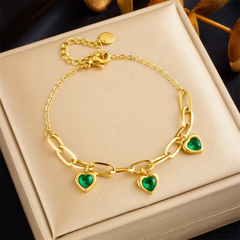 Heart Green Pink Zircon Charm Bracelet Women Lady Gift