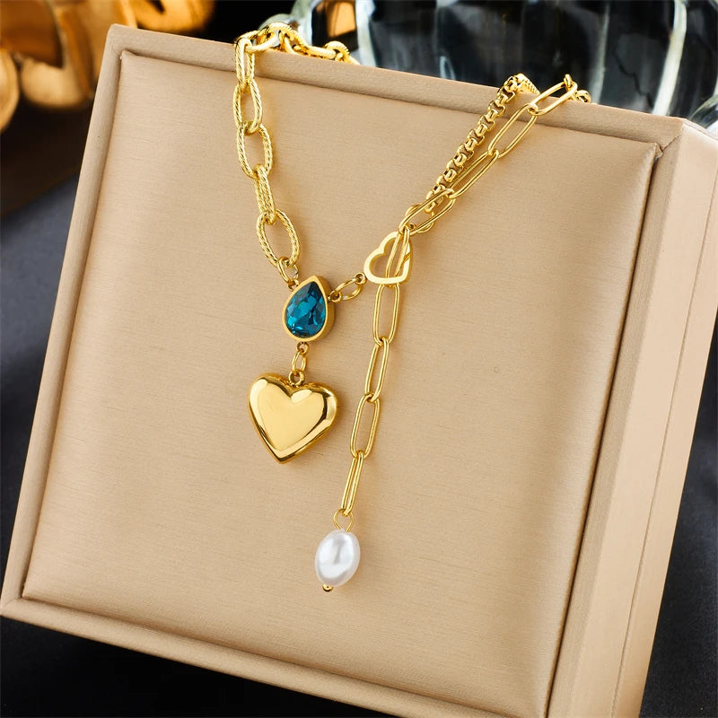 316L Stainless Steel Heart Pendant Necklace For Women Girl Crystal Pearl Choker