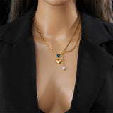 316L Stainless Steel Heart Pendant Necklace For Women Girl Crystal Pearl Choker