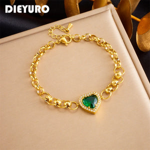 316L Stainless Steel Heart Green Zircon Charm Bracelet Women Party Gift