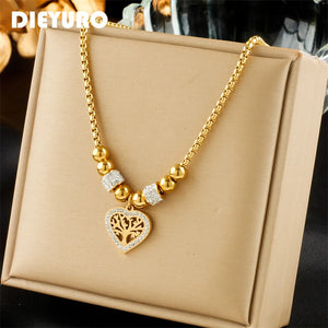 316L Stainless Steel Heart-Shaped Tree Pendant Necklace Beads Choker Chains