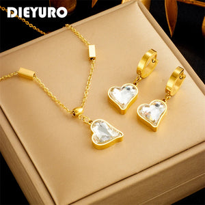 316L SS Heart-Shaped Zirconia Crystal Pendant Necklace Earrings Set