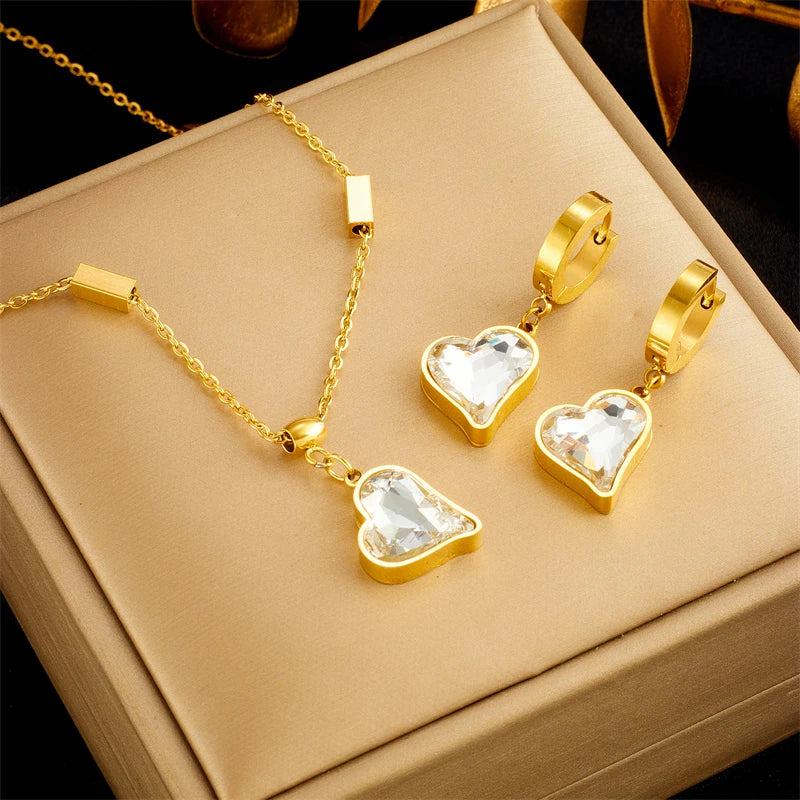 316L SS Heart-Shaped Zirconia Crystal Pendant Necklace Earrings Set