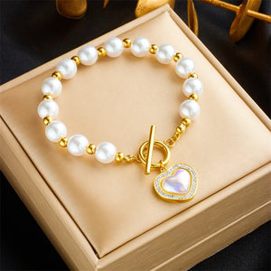 316L Stainless Steel Heart Pearl Charm Bracelet Women - Non-fading Chain Jew