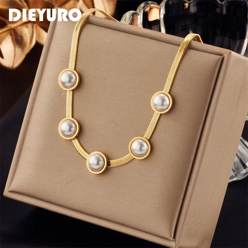 316L Stainless Steel Pearl Choker Necklace Vintage Lady Snake Chain Jewelry