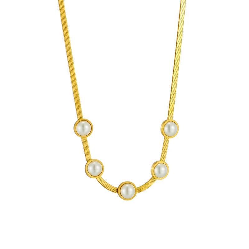 316L Stainless Steel Pearl Choker Necklace Vintage Lady Snake Chain Jewelry
