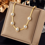 316L Stainless Steel Pearl Choker Necklace Vintage Lady Snake Chain Jewelry
