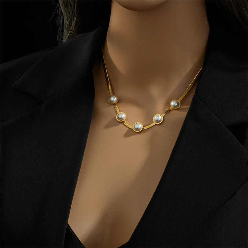 316L Stainless Steel Pearl Choker Necklace Vintage Lady Snake Chain Jewelry