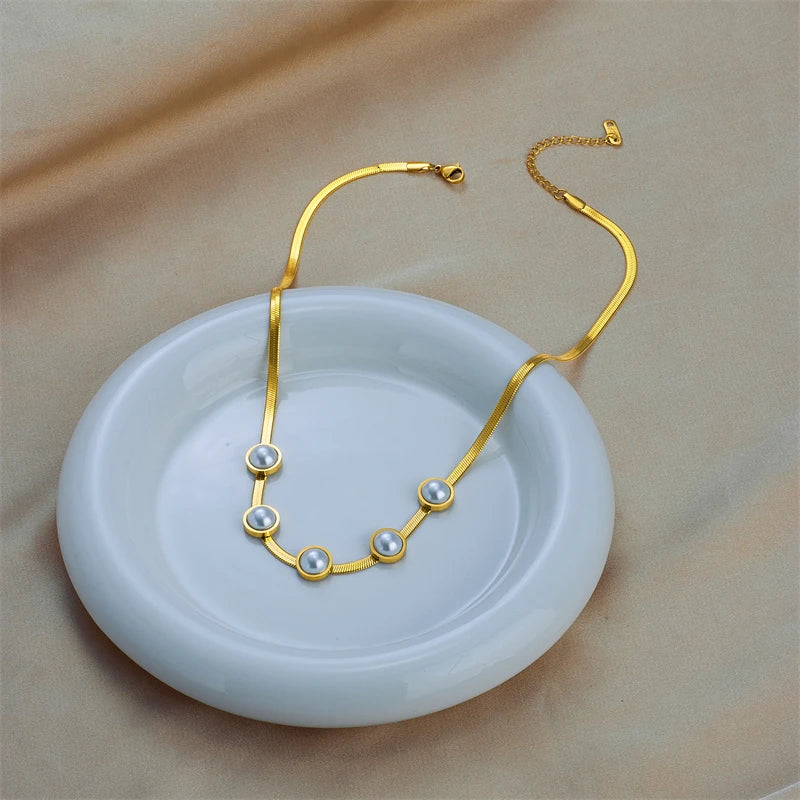 316L Stainless Steel Pearl Choker Necklace Vintage Lady Snake Chain Jewelry