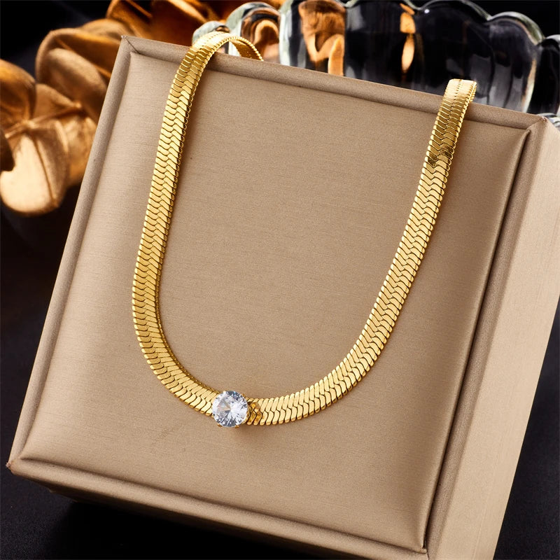316L Stainless Steel Zircon Choker Necklace Large Snake Chain Party Jewelry