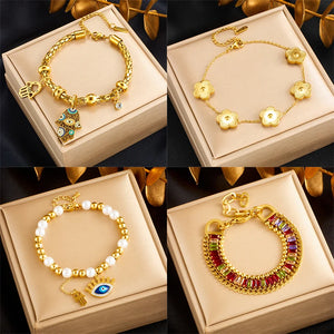 316L Stainless Steel Leaf Clover Palm Eyes Charm Bracelet For Women