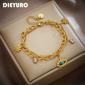 316L Stainless Steel Flower Eye Charm Bracelet For Women