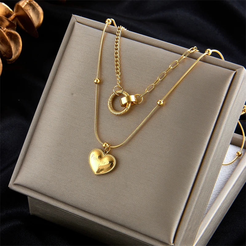 316L Stainless Steel Heart Pendant Multilayer Necklace