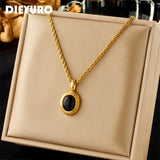 316L Stainless Steel Oval Stone Pendant Necklace For Women Girl Clavicle Chain