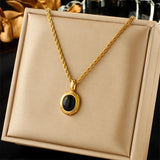 316L Stainless Steel Oval Stone Pendant Necklace For Women Girl Clavicle Chain