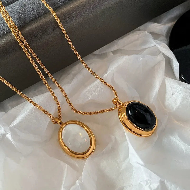 316L Stainless Steel Oval Stone Pendant Necklace For Women Girl