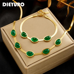 316L Stainless Steel Green Crystal Necklace Bracelet Set