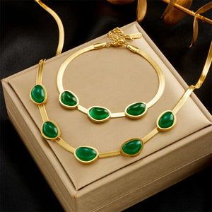 316L Stainless Steel Green Crystal Necklace Bracelet Set