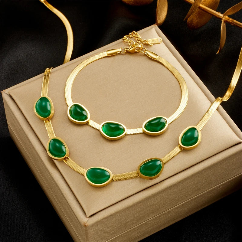 316L Stainless Steel Green Crystal Necklace Bracelet Set