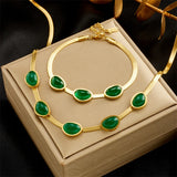 316L Stainless Steel Green Crystal Necklace Bracelet Set