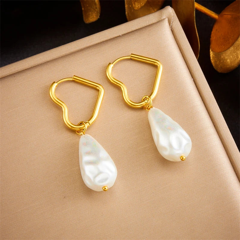 316L Stainless Steel Pearl Dangle Earrings Heart Ear Buckle Jewelry