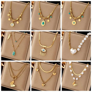 316L Stainless Steel Pearl Heart Butterfly Green Stone Pendant Necklace