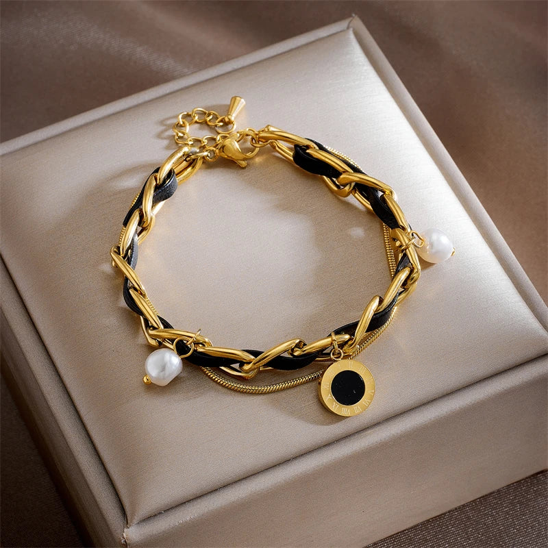 316L Stainless Steel Pearl Roman Numeral Dial Charm Bracelet