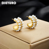 316L Stainl. Pearl Zircon C-Shape Stud Earrings Non-fading Jewelry