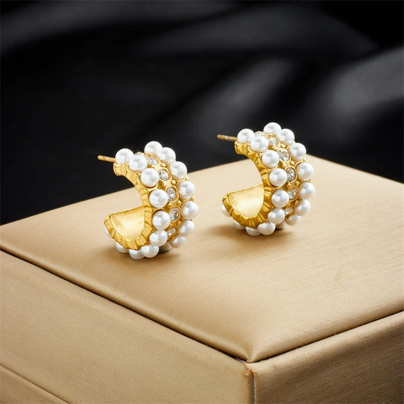 316L Stainl. Pearl Zircon C-Shape Stud Earrings Non-fading Jewelry
