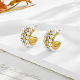 316L Stainl. Pearl Zircon C-Shape Stud Earrings Non-fading Jewelry