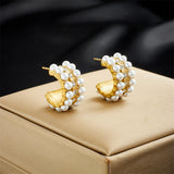 316L Stainl. Pearl Zircon C-Shape Stud Earrings Non-fading Jewelry