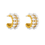 316L Stainl. Pearl Zircon C-Shape Stud Earrings Non-fading Jewelry