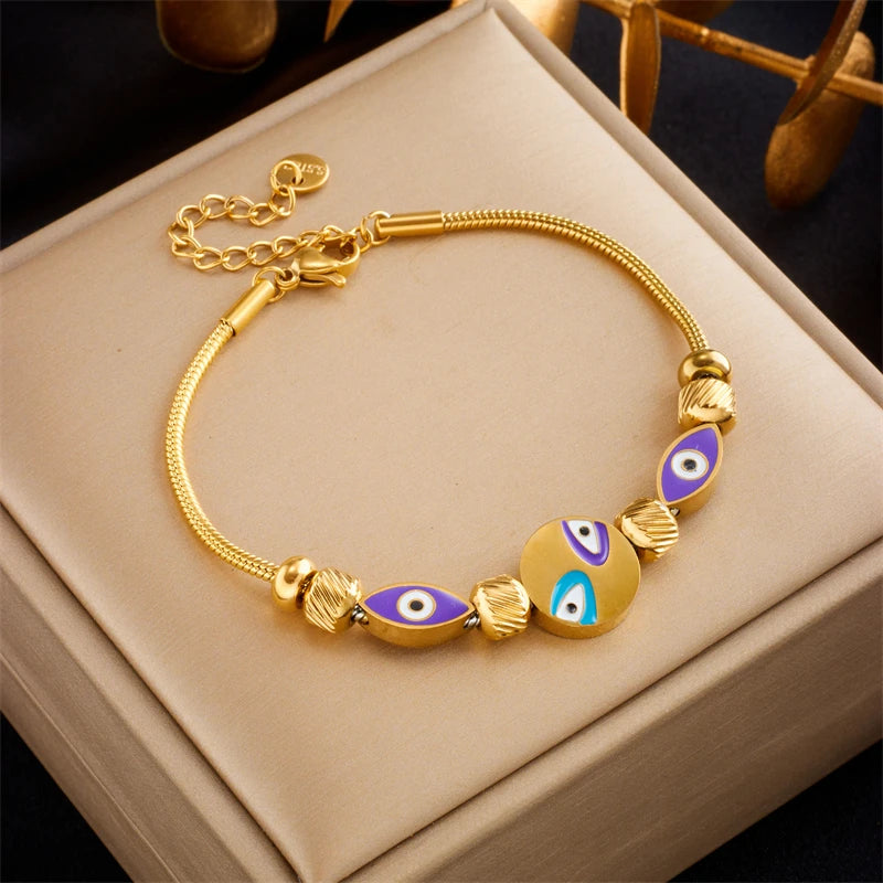 316L Stainless Steel Purple Eyes Charm Bracelet For Women Girl