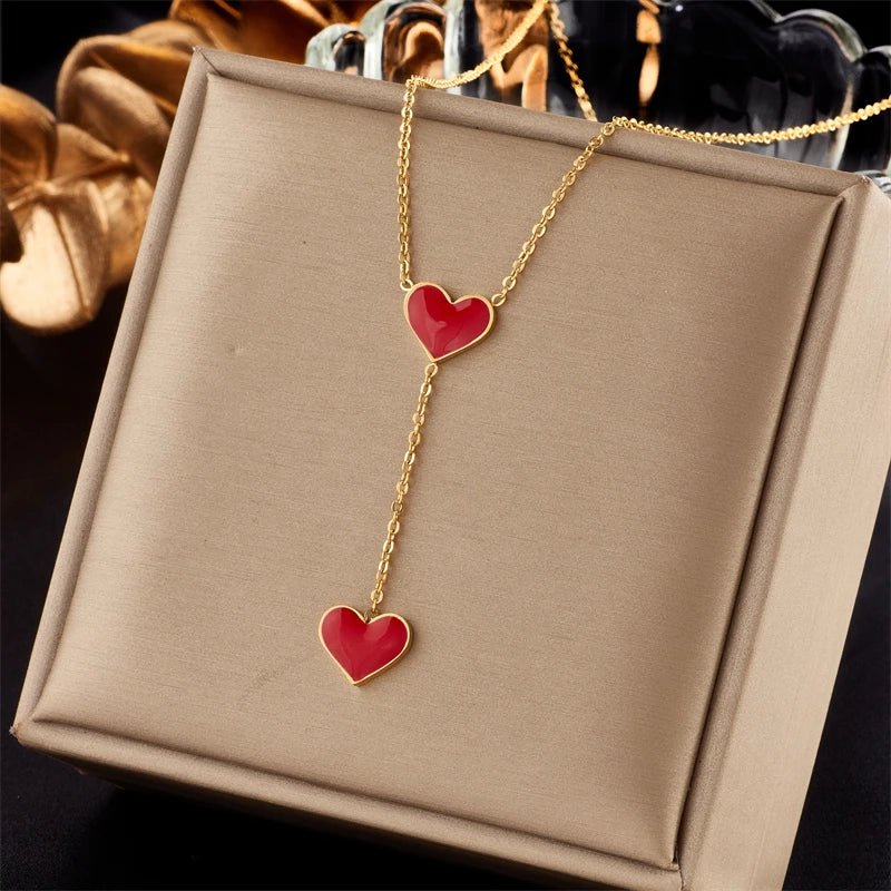 316L Stainless Steel Red Heart Pendant Necklace for Women Girls Clavicle Chain
