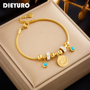 316L Stainless Steel Eye Charm Bracelet Women Beaded Chain Bangle