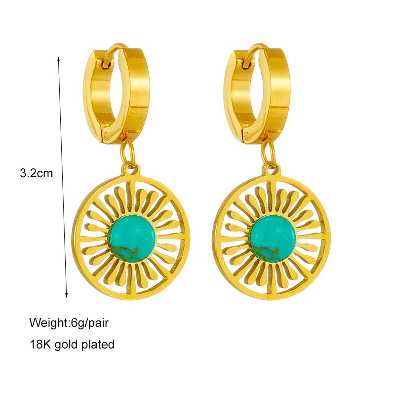 316L Stainless Steel Green Stone Hoop Earrings Vintage Ethnic Ear Jewelry