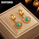 316L Stainless Steel Green Stone Hoop Earrings Vintage Ethnic Ear Jewelry